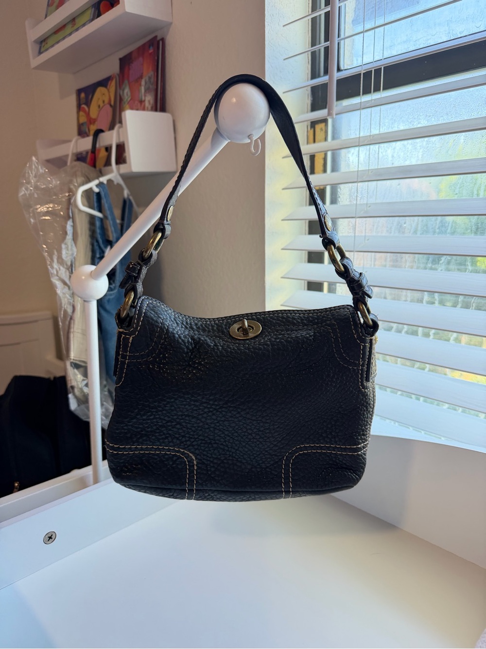 Coach Black Pebbled Leather Shoulder Bag with Contrast Stitching